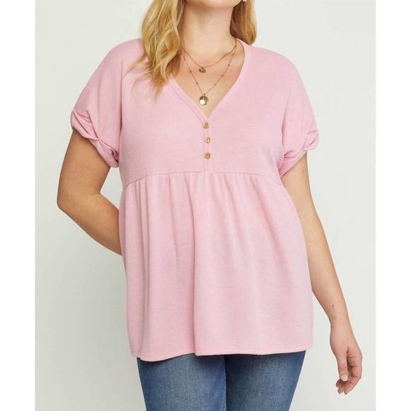 NEW ENTRO waffle knit babydoll top in pink - Picture 1 of 7